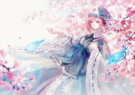 Обои на рабочий стол Saigyouji Yuyuko / Сайгедзи Ююко среди розовых цветов, персонаж из серии компьютерных игр Touhou Project / Проект «Восток»