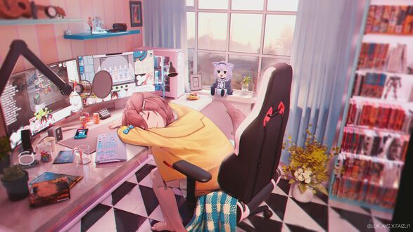 Обои на рабочий стол Korone Inugami / Коронэ Инугами с собачьими ушками и хвостом-Virtual Youtuber / Виртуальный Ютубер, персонаж из аниме Holo no Graffiti / Граффити Холо спит за столом