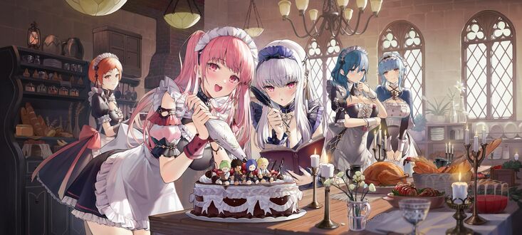 Обои на рабочий стол Leonie Pinelli, Hilda Valentine Goneril, Lysithea von Ordelia, Byleth и Marianne von Edmund одетые как горничные, готовят еду на кухне, персонажи из серии пошаговых тактических ролевых игр Fire Emblem / Знак огня