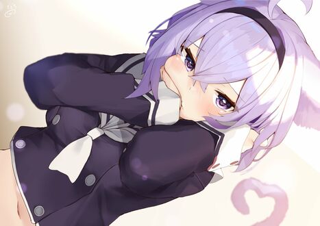 Обои на рабочий стол Okayu Nekomata / Окаю Нэкомата с кошачьими ушками и хвостом, Virtual Youtuber / Виртуальный Ютубер, персонаж из аниме Holo no Graffiti / Граффити на белом фоне