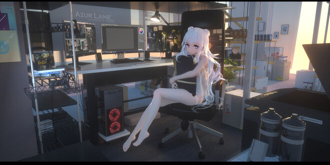 Обои на рабочий стол Le Malin из игры Azur Lane сидит на стуле