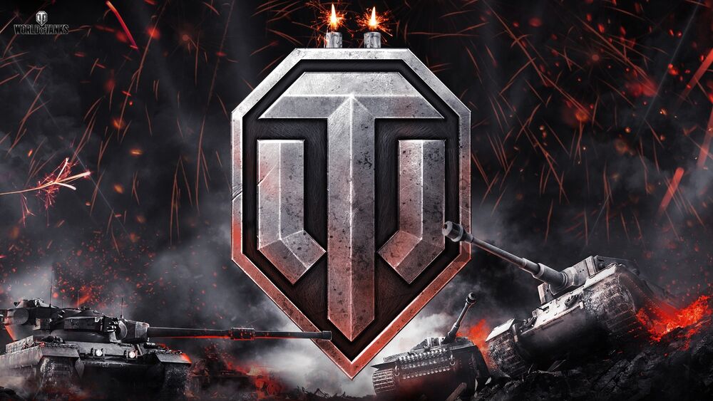Обои для рабочего стола Логотип игры Мир танков / World of of tanks окруженный танками