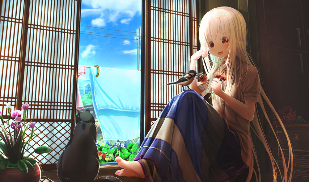 Обои для рабочего стола Белокурая девушка, на коленях которой сидит птица, держит в руках цветы, рядом сидит черный кот