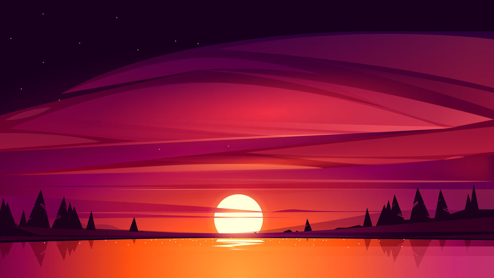 Обои для рабочего стола Закат солнца над озером на фоне красного неба