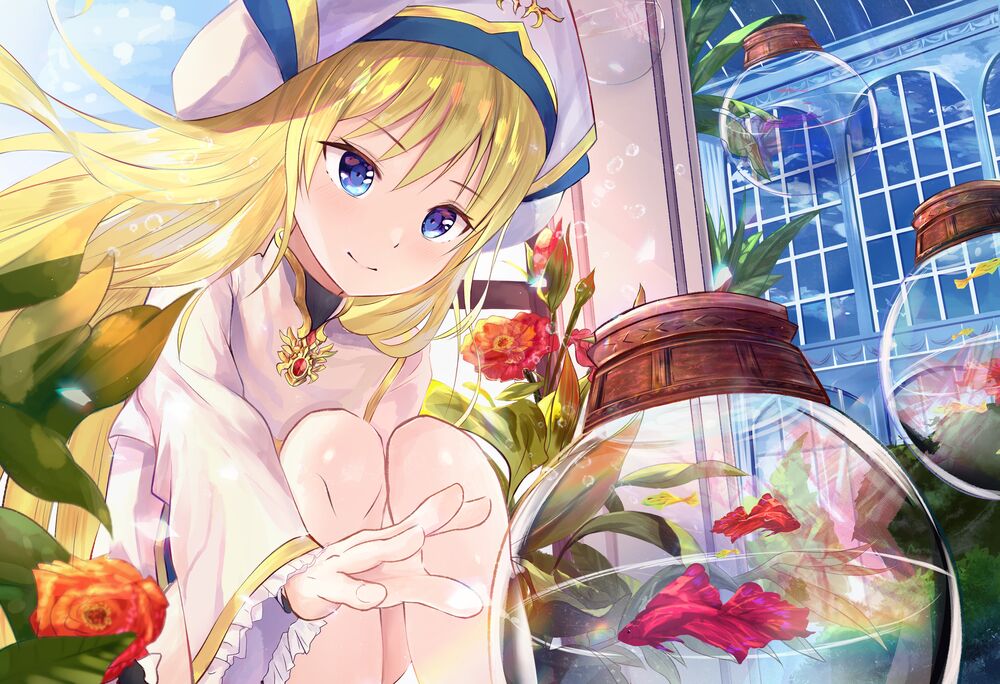 Обои для рабочего стола Onna Shinkan / Жрица из аниме Goblin Slayer / Убийца гоблинов тянет к аквариуму с рыбками