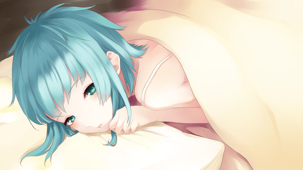 Обои для рабочего стола Vocaloid Gumi Megpoid / Вокалоид Гуми Мегпоид лежит в постели