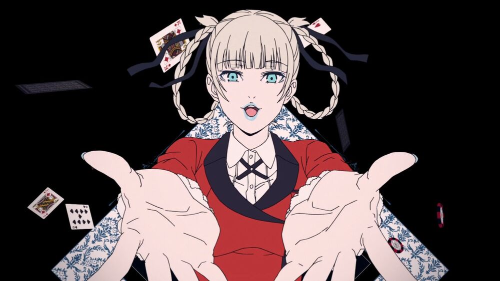 Обои для рабочего стола Kirari Momobami / Кирари Момобами из аниме Kakegurui / Безумный азарт среди игральных карт протягивает две руки