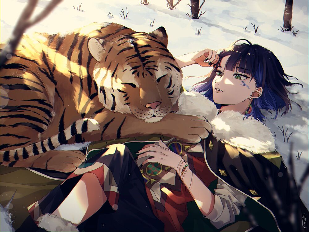 Обои для рабочего стола Девушка с синими волосами лежит на снегу, рядом лежит спящий тигр
