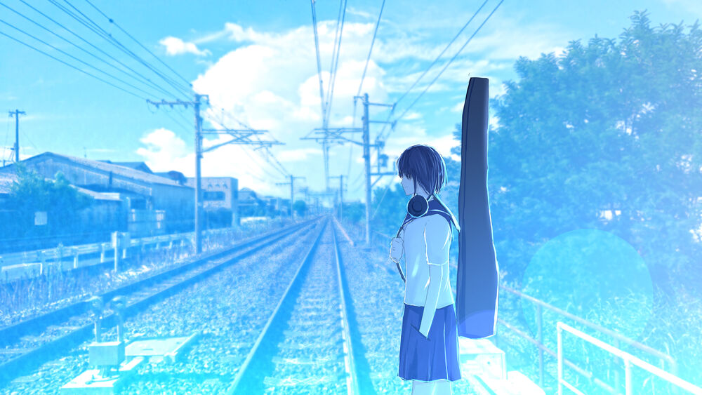Обои для рабочего стола Девушка в школьной форме с гитарой за спиной стоит у железнодорожных путей ясным днем