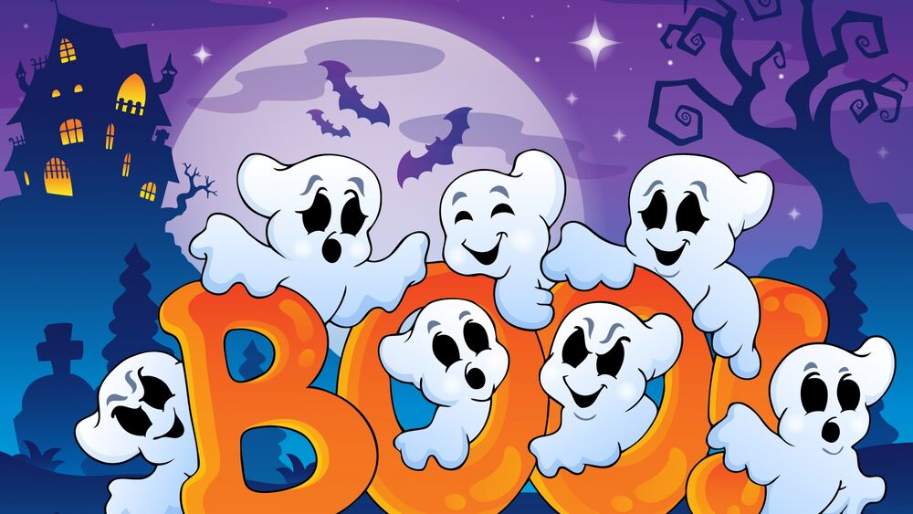 Обои для рабочего стола Семь приведений на фразе (Boo / Бу) на фоне полной луны с летучими мышами, дерева и здания на опушке