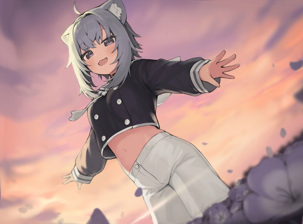 Обои для рабочего стола Okayu Nekomata / Окаю Нэкомата с кошачьими ушками-Virtual Youtuber / Виртуальный Ютубер, персонаж из аниме Holo no Graffiti / Граффити Холо в поле цветов на фоне неба