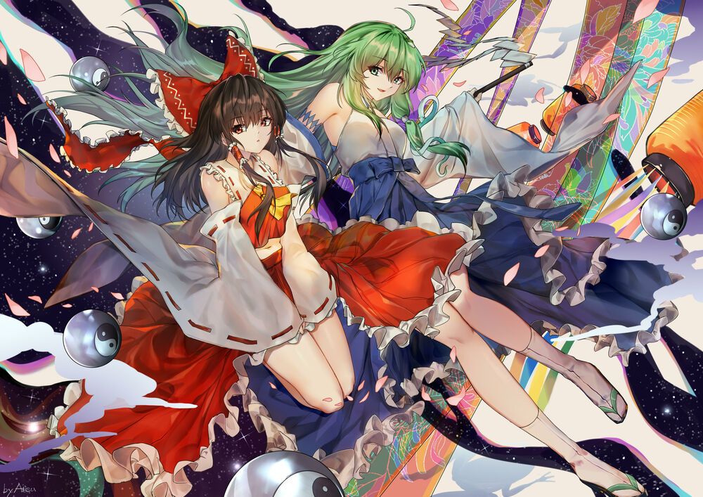 Обои для рабочего стола Hakurei Reimu / Хакурей Рейму и Kochiya Sanae / Кочия Санае персонажи из серии компьютерных игр Touhou Project / Проект «Восток»