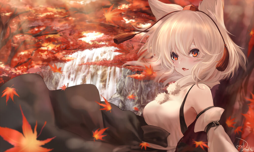 Обои для рабочего стола Inubashiri Momiji / Инубасири Момидзи стоит прислонившись спиной к дереву, персонаж из серии компьютерных игр Touhou Project / Проект «Восток»