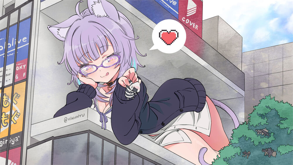 Обои для рабочего стола Okayu Nekomata / Окаю Нэкомата с кошачьими ушками-Virtual Youtuber / Виртуальный Ютубер, персонаж из аниме Holo no Graffiti / Граффити Холо в очках