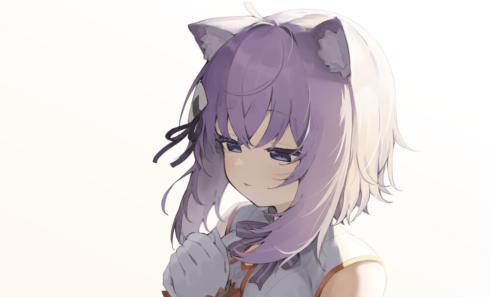 Обои для рабочего стола Okayu Nekomata / Окаю Нэкомата с кошачьими ушками сложила руки вместе, Virtual Youtuber / Виртуальный Ютубер, персонаж из аниме Holo no Graffiti / Граффити на белом фоне