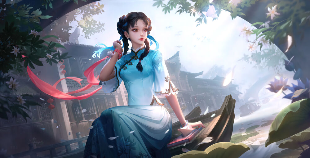 Обои для рабочего стола Xi Shi / Си Ши из игры Honor of Kings на фоне домов