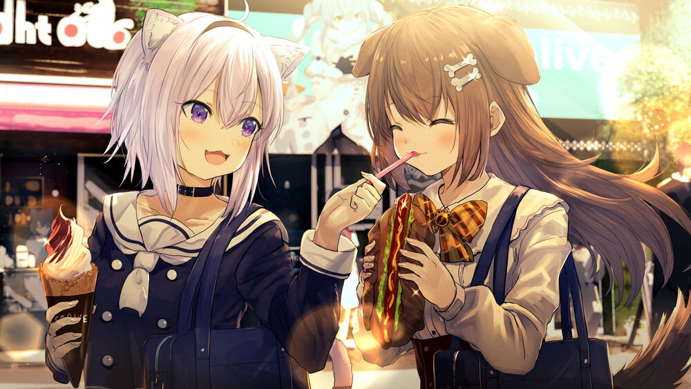 Обои для рабочего стола Korone Inugami / Коронэ Инугами с собачьими ушками и Okayu Nekomata / Окаю Нэкомата с кошачьими ушками, Virtual Youtuber / Виртуальный Ютубер, персонажи из аниме Holo no Graffiti / Граффити с вкусной едой в городе
