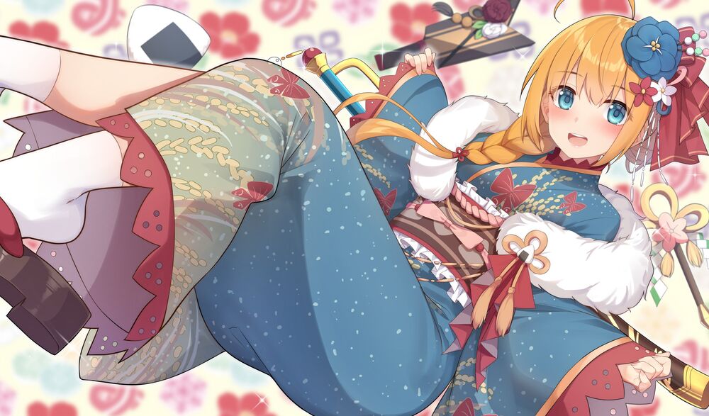 Обои для рабочего стола Pecorine / Пекорина из аниме Princess Connect! Re:Dive / Связь принцесс: Повторное погружение в традиционной одежде, среди еды и онигири