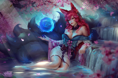 Обои на рабочий стол Ари / Ahri из игры League of Legends / Лига Легенд полулежит в воде под цветущими деревьями