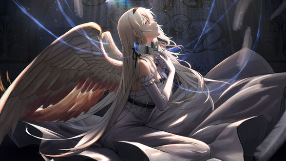 Обои на рабочий стол AN-94 из игры Girls Frontline с ошейником на шее смотрит вверх, сидя на полу