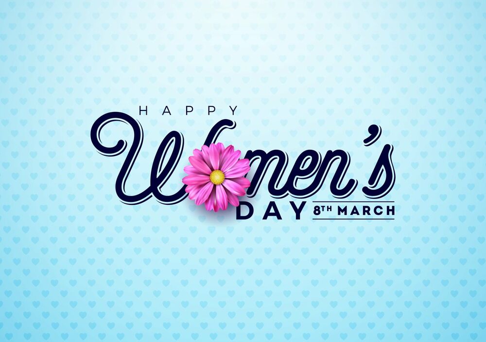 Обои для рабочего стола Надпись с розовым цветком на голубом фоне (March 8th Womens day)