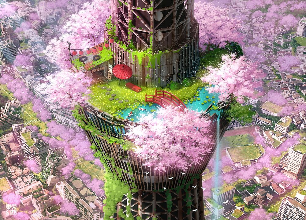 Обои для рабочего стола Высотное сооружение в окружении цветущей сакуры
