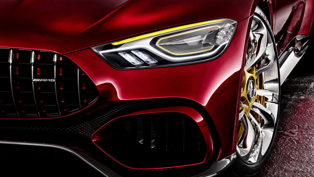 Обои для рабочего стола Левая фара Mercedes GT class - concept AMG красного цвета