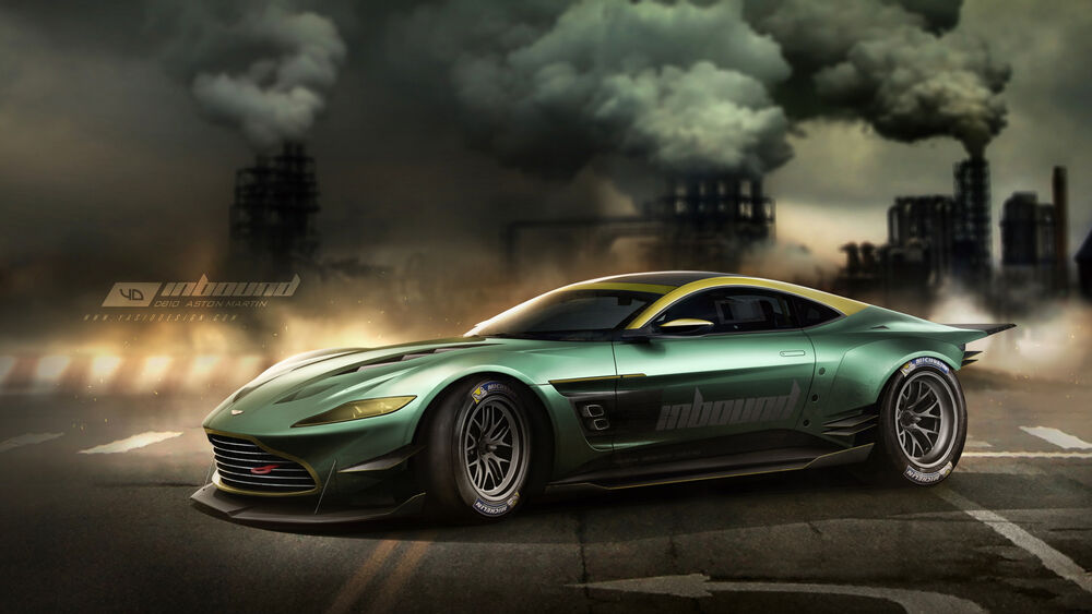 Обои для рабочего стола Aston Martin на фоне труб заводов