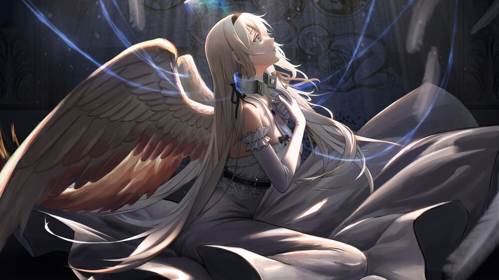 Обои для рабочего стола AN-94 из игры Girls Frontline с ошейником на шее смотрит вверх, сидя на полу