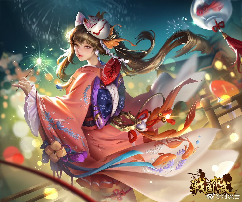 Обои для рабочего стола Xia Ri Ji A Gong из игры Zhanguo Bu Wu, одетая в традиционную одежду, с лисьей маской на голове держит в руке бенгальский огонь