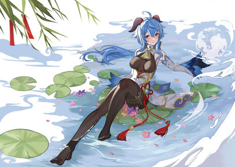 Обои на рабочий стол Ganyu / Гань Юй из игры Genshin Impact сидит на листе кувшинки