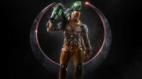 Обои на рабочий стол Персонаж из игры Quake Champions (2018) с оружием на плече на черном фоне