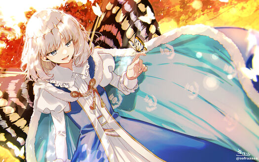 Обои на рабочий стол Pretender (Oberon) из игры Fate / Grand Order / Судьба / Великий приказ смотрит на бабочку, сидящую у него на руке