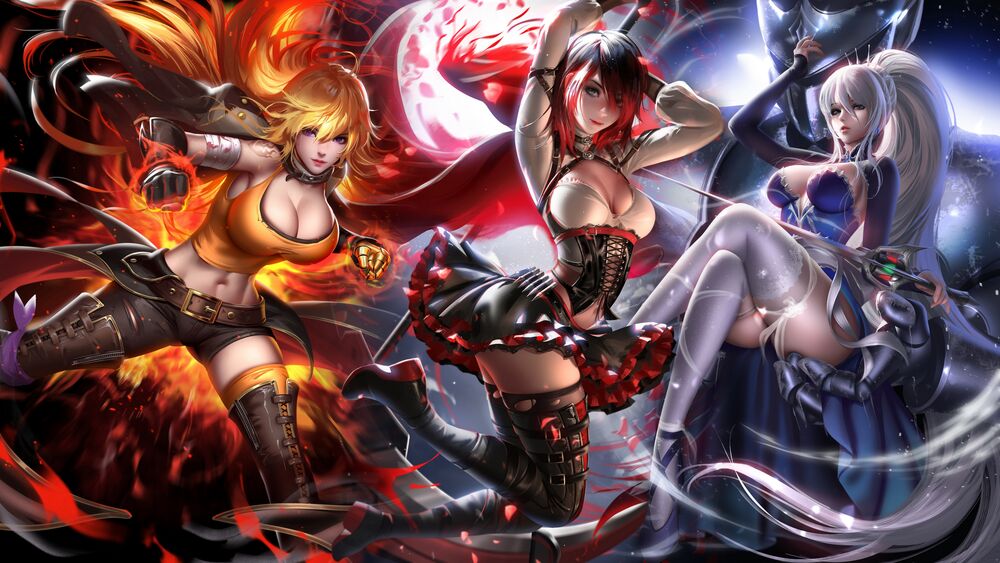 Обои для рабочего стола Руби Роуз / Ruby Rose, Сяолун Ян / Xiao Long Yang и Вайсс Шни / Weiss Schnee из аниме Красный, белый, черный, желтый / RWBY