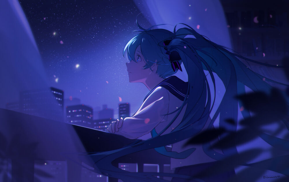 Обои для рабочего стола Vocaloid Hatsune Miku / Вокалоид Хатсуне Мику стоя на балконе смотрит в ночное небо