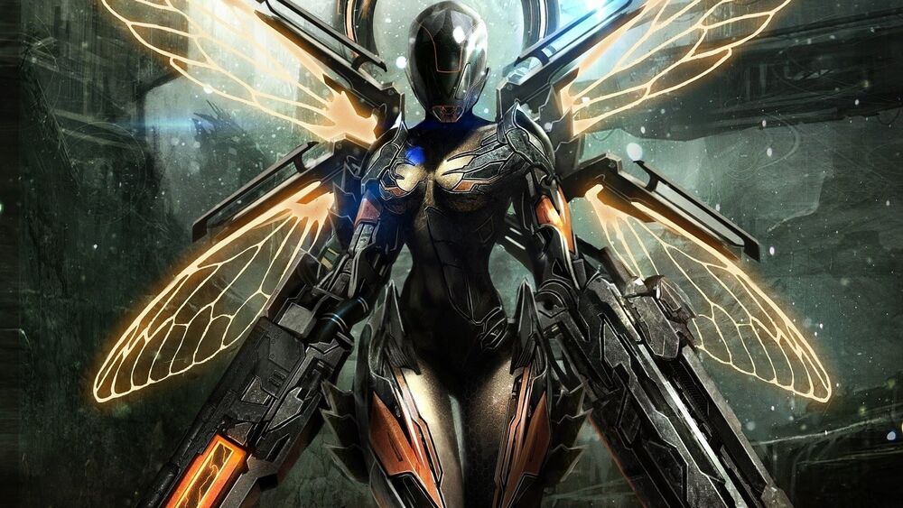 Обои для рабочего стола Вооруженная женщина с красными - персонаж игры Warframe