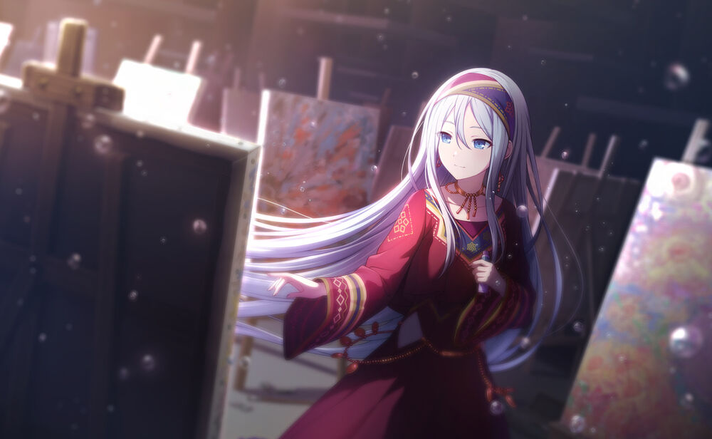 Обои для рабочего стола Голубоглазая Yoisaki Kanade с длинными белокурыми волосами среди полотен, из Project Sekai Colorful Stage! feat. Hatsune Miku