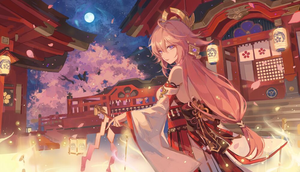 Обои для рабочего стола Yae Miko с фонарем возле храма в лунную ночь из игры Genshin impact