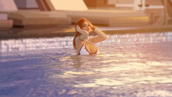 Обои на рабочий стол Miss Fortune / Мисс Фортуна (Сара Фортуна) стоит в воде в бассейне, персонаж из игры League of Legends / Лига Легенд