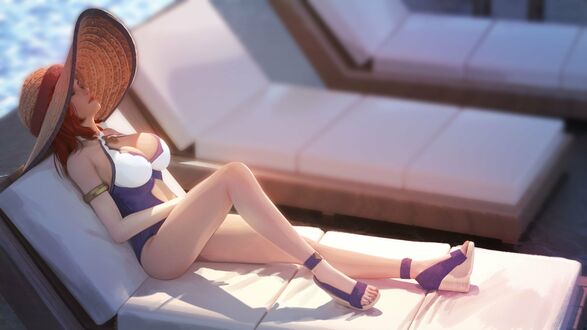 Обои на рабочий стол Miss Fortune / Мисс Фортуна (Сара Фортуна) лежит на шезлонге, персонаж из игры League of Legends / Лига Легенд