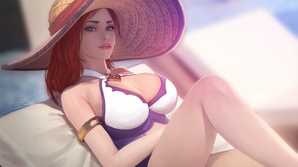 Обои на рабочий стол Miss Fortune / Мисс Фортуна (Сара Фортуна) сидит на шезлонге с большой соломенной шляпой на голове, персонаж из игры League of Legends / Лига Легенд