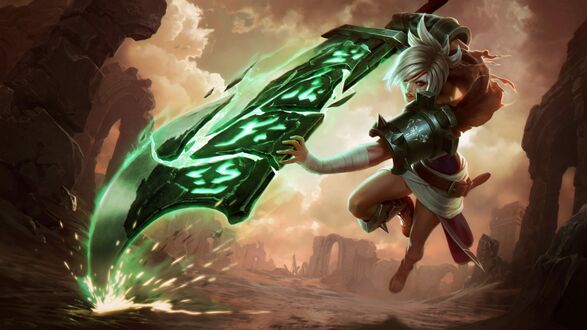 Обои на рабочий стол Riven / Ривен с огромным мечом в руке, персонаж из игры League of Legends / Лига Легенд