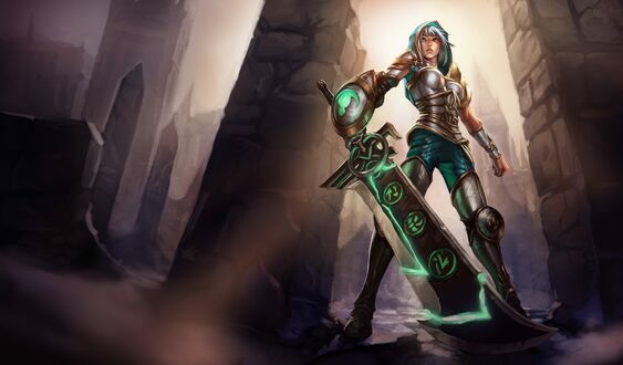 Обои на рабочий стол Изгнанница Riven / Ривен в образе «Прощенная Ривен» стоит с огромным мечом в руке, персонаж из игры League of Legends / Лига Легенд
