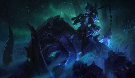 Обои на рабочий стол Темная всадница Седжуани / Sejuani верхом на хряке по кличке Щетинка ведет войско в бой, персонаж из игры League of Legends / Лига Легенд