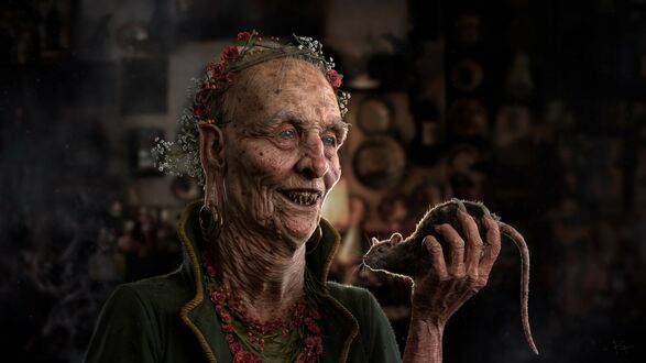 Обои на рабочий стол Персонаж славянской мифологии и фольклора Baba Yaga / Баба Яга держит крысу в руке