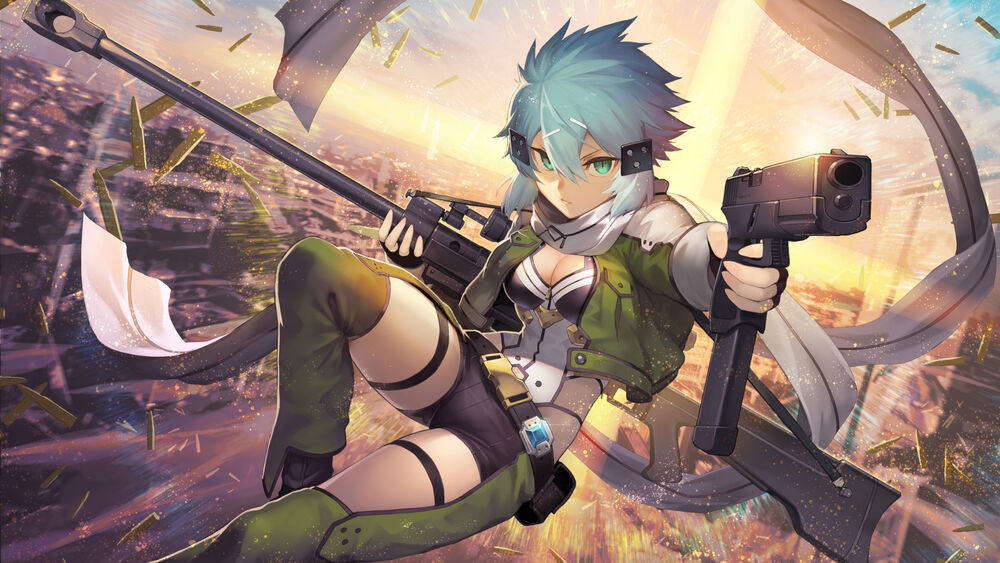 Обои для рабочего стола Asada Shino / Sinon (GGO) / Асада Шино / Синон с оружием из аниме Sword Art Online / Мастера Меча Онлайн