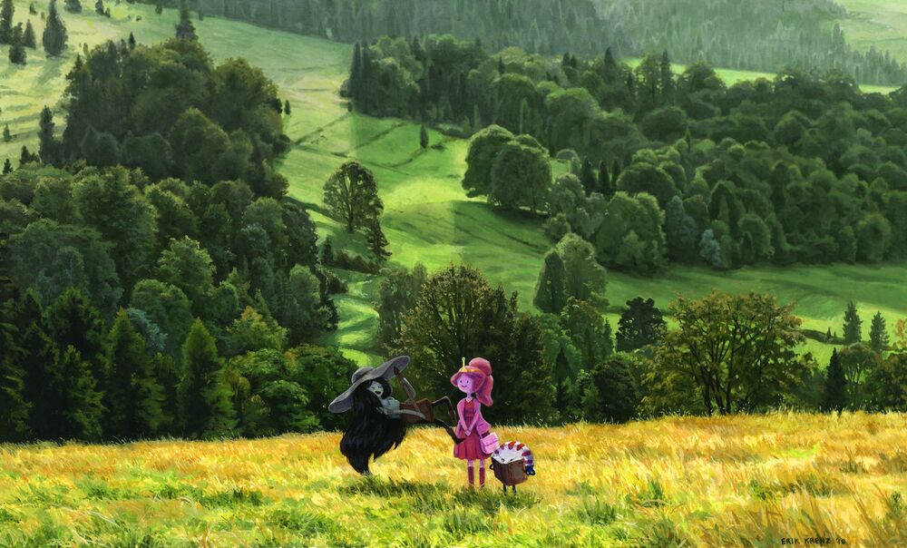 Обои для рабочего стола Princess Bubblegum / Принцесса Бубльгум, Марселин, Королева Вампиров / Marceline the Vampire Queen и Peppermint Butler / Мятный Лакей из мультсериала Adventure Time / Время Приключений