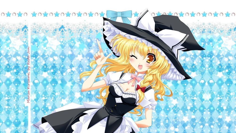 Обои для рабочего стола Подмигивающая Мариса кирисаме / Marisa kirisame из игры Touhou project / Проект Восток