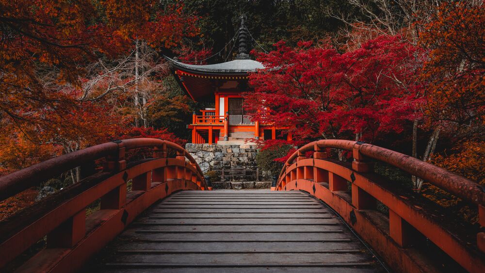 Обои для рабочего стола Пагода Дайго-дзи / Daygo-ji с красным мостом осенью в Киото / kyoto, Japan / Япония
