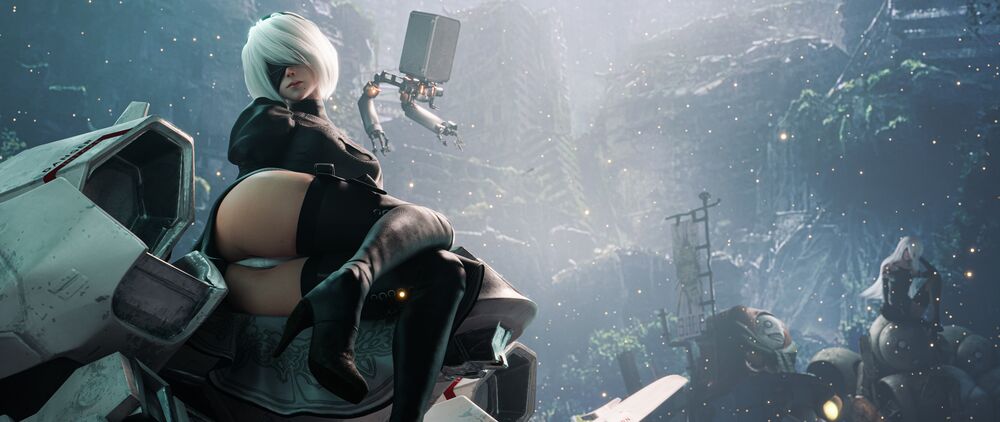 Обои для рабочего стола Андроид YoRHa No. 2 Type B сидит на роботе, на фоне разрушенного города, персонаж из игры NieR: Automata
